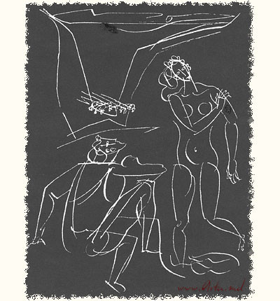 Ilustratie la cartea "Dafnis si Cloe" de Longas, 1970, gravura in metal, 100x150